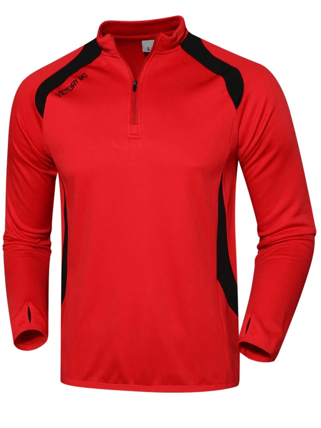 Red long-sleeve fleece sports top with finger holes and black accents, designed for performance running, style SF2078.